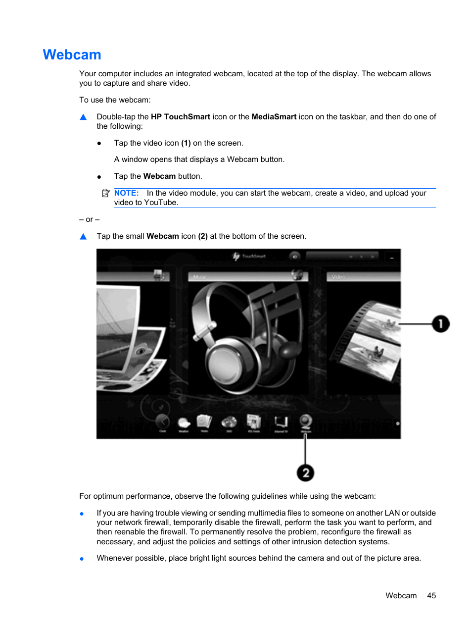 Webcam | HP TouchSmart tm2-1010ee Notebook PC User Manual | Page 55 / 129
