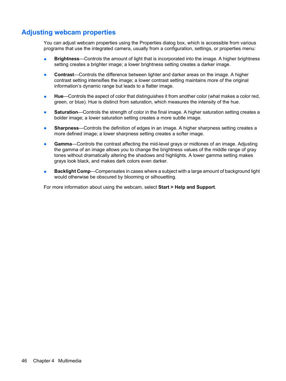 Adjusting webcam properties | HP TouchSmart tm2-1010ee Notebook PC User Manual | Page 56 / 129