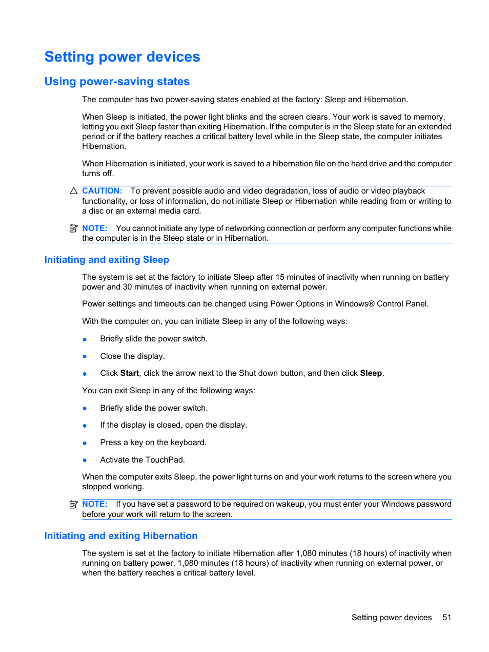 Setting power devices, Using power-saving states, Initiating and exiting sleep | Initiating and exiting hibernation | HP TouchSmart tm2-1010ee Notebook PC User Manual | Page 61 / 129