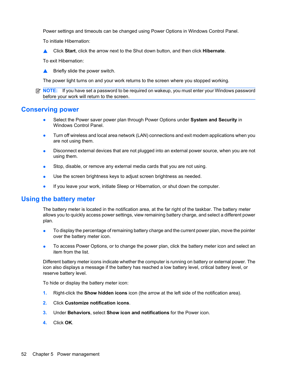 Conserving power, Using the battery meter, Conserving power using the battery meter | HP TouchSmart tm2-1010ee Notebook PC User Manual | Page 62 / 129