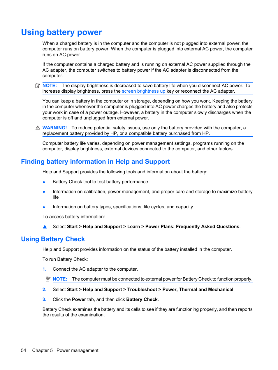 Using battery power, Finding battery information in help and support, Using battery check | HP TouchSmart tm2-1010ee Notebook PC User Manual | Page 64 / 129