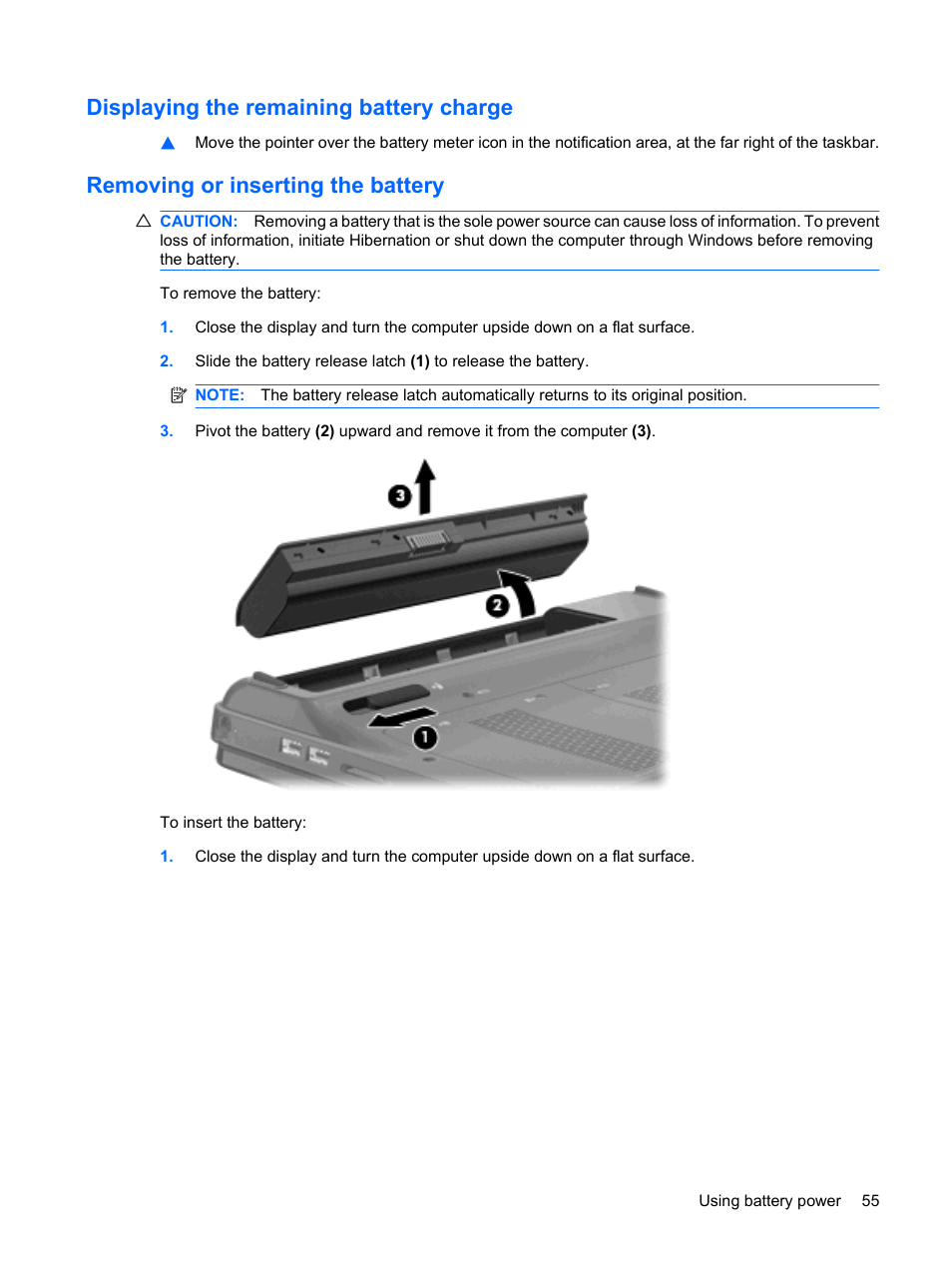 Displaying the remaining battery charge, Removing or inserting the battery | HP TouchSmart tm2-1010ee Notebook PC User Manual | Page 65 / 129