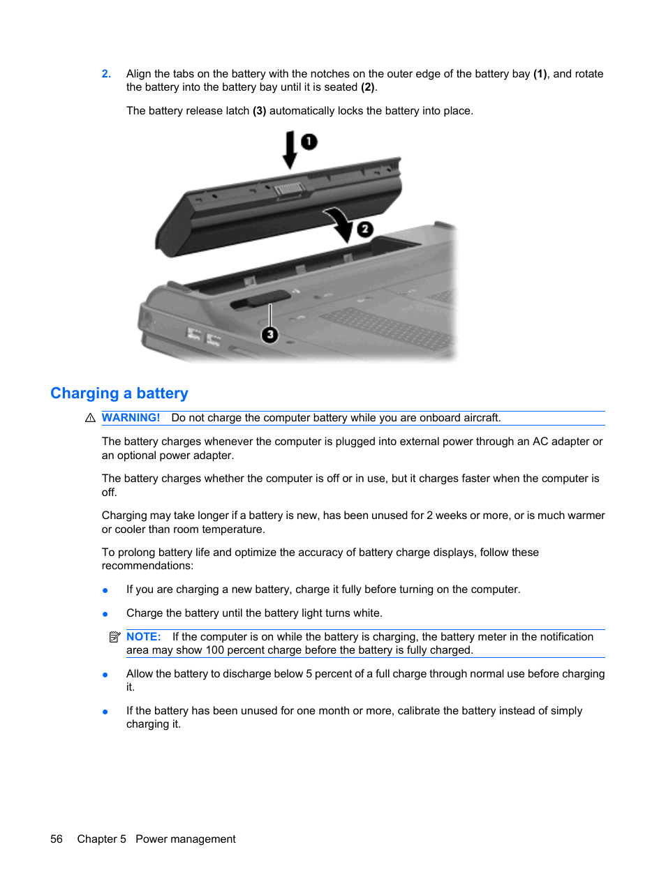 Charging a battery | HP TouchSmart tm2-1010ee Notebook PC User Manual | Page 66 / 129