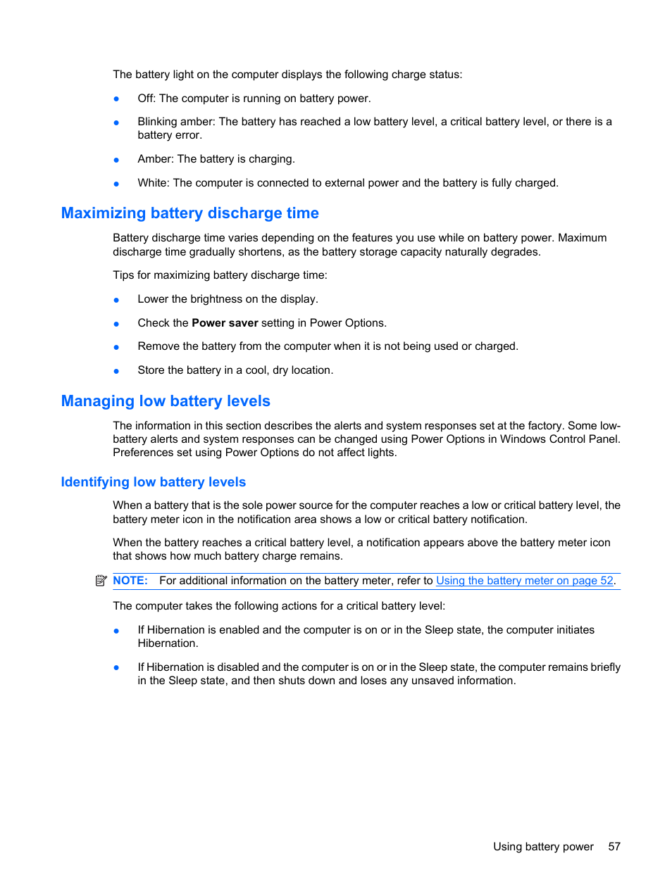 Maximizing battery discharge time, Managing low battery levels, Identifying low battery levels | HP TouchSmart tm2-1010ee Notebook PC User Manual | Page 67 / 129