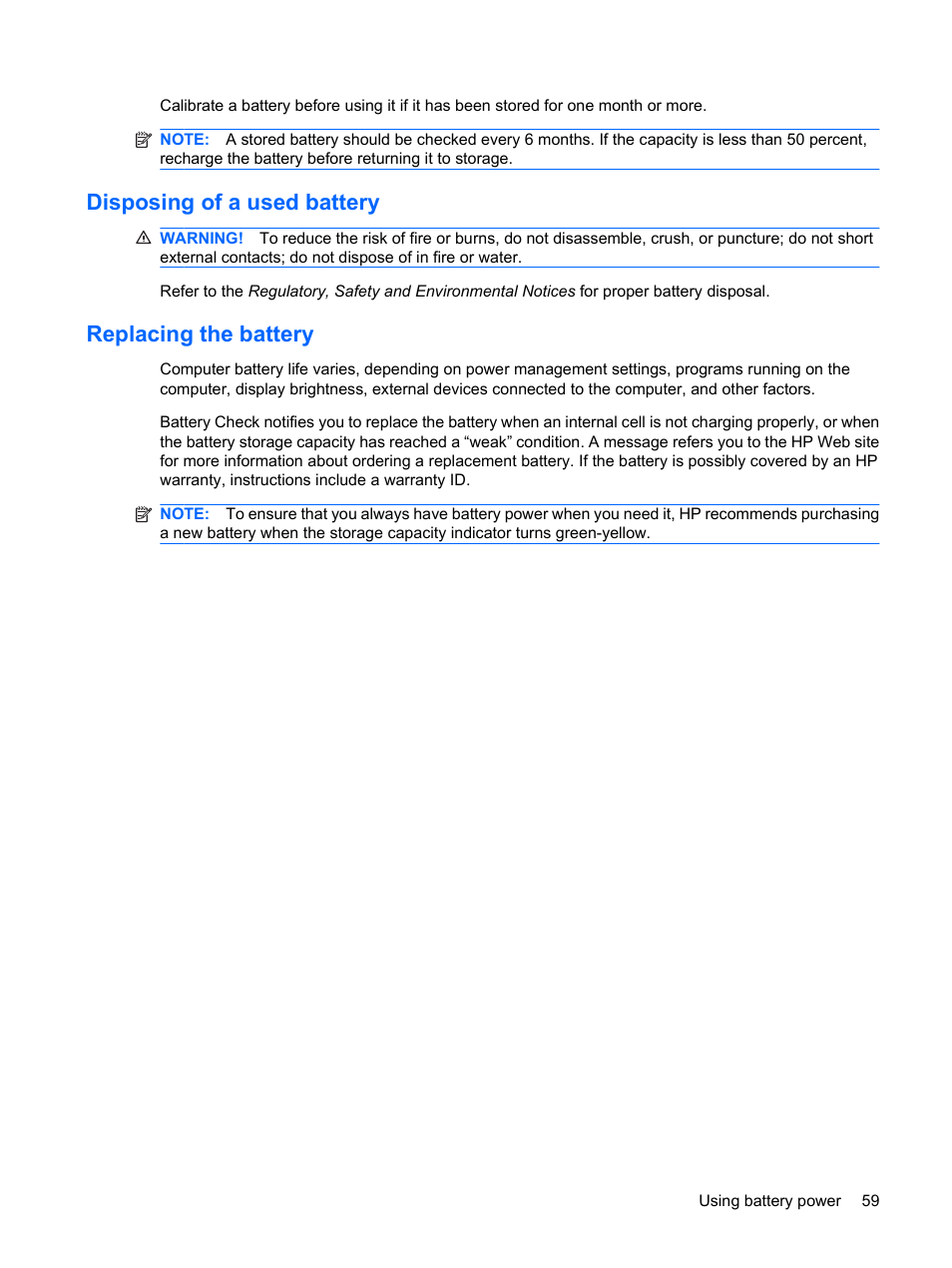 Disposing of a used battery, Replacing the battery, Disposing of a used battery replacing the battery | HP TouchSmart tm2-1010ee Notebook PC User Manual | Page 69 / 129