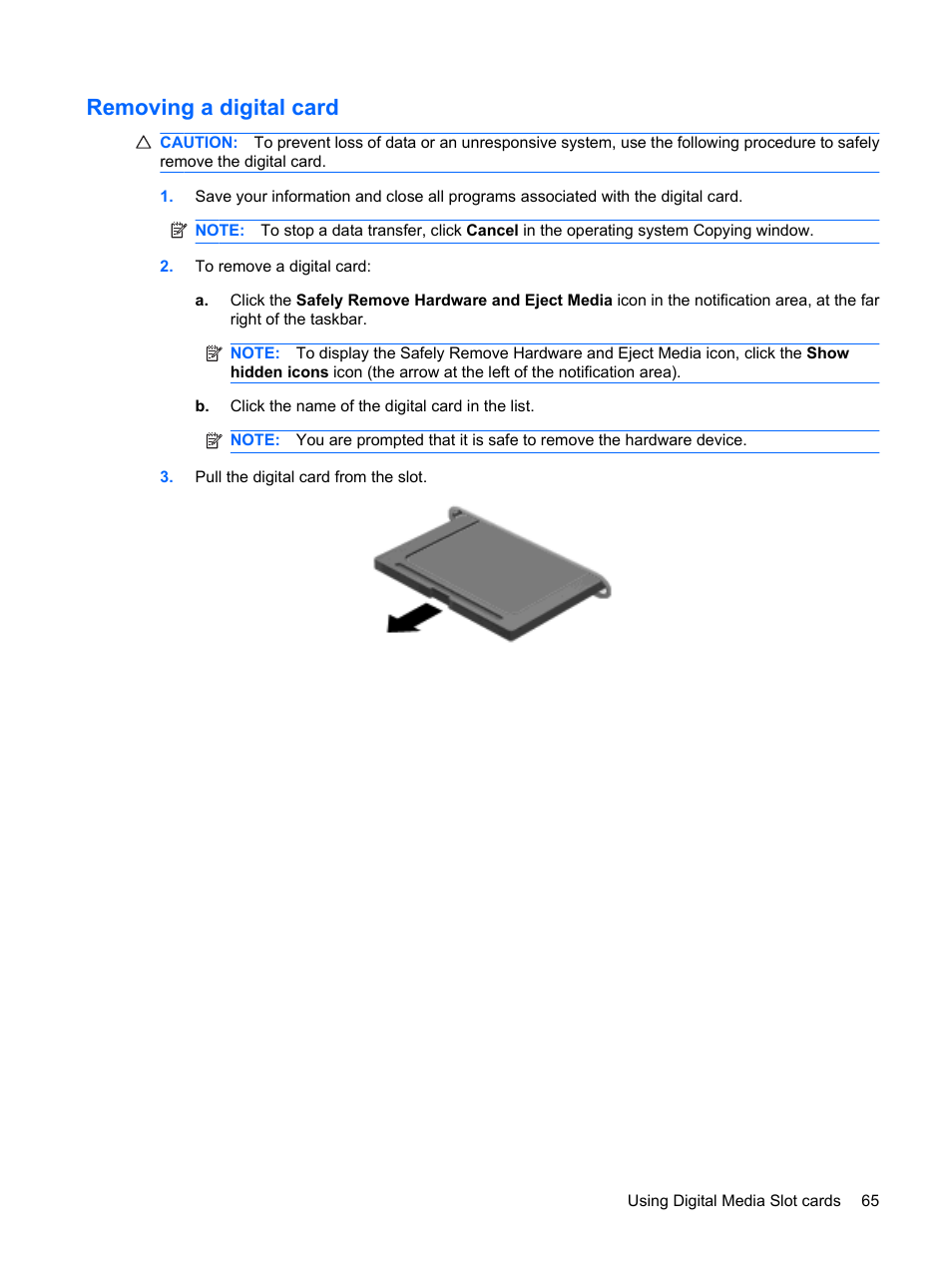 Removing a digital card | HP TouchSmart tm2-1010ee Notebook PC User Manual | Page 75 / 129