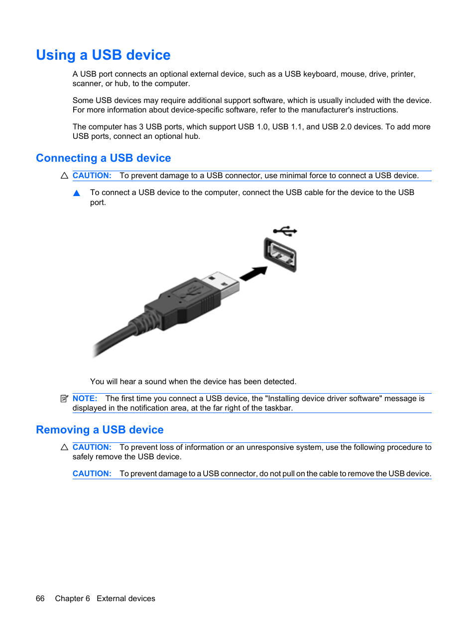 Using a usb device, Connecting a usb device, Removing a usb device | Connecting a usb device removing a usb device | HP TouchSmart tm2-1010ee Notebook PC User Manual | Page 76 / 129