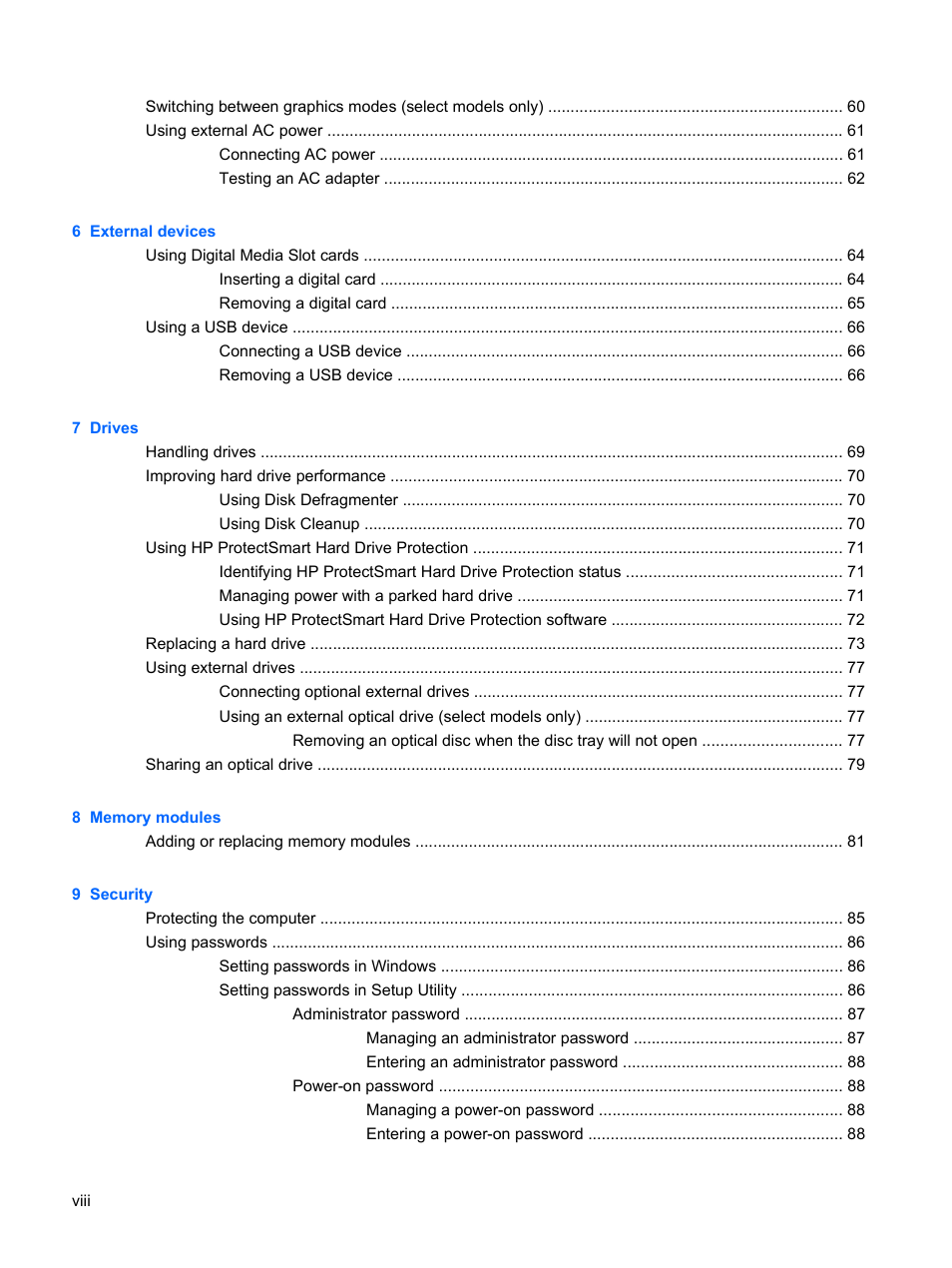 HP TouchSmart tm2-1010ee Notebook PC User Manual | Page 8 / 129