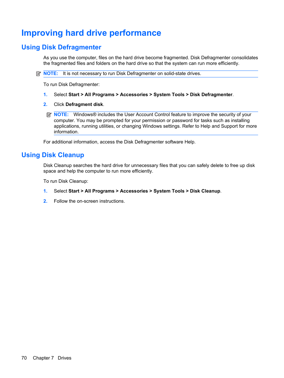 Improving hard drive performance, Using disk defragmenter, Using disk cleanup | Using disk defragmenter using disk cleanup | HP TouchSmart tm2-1010ee Notebook PC User Manual | Page 80 / 129