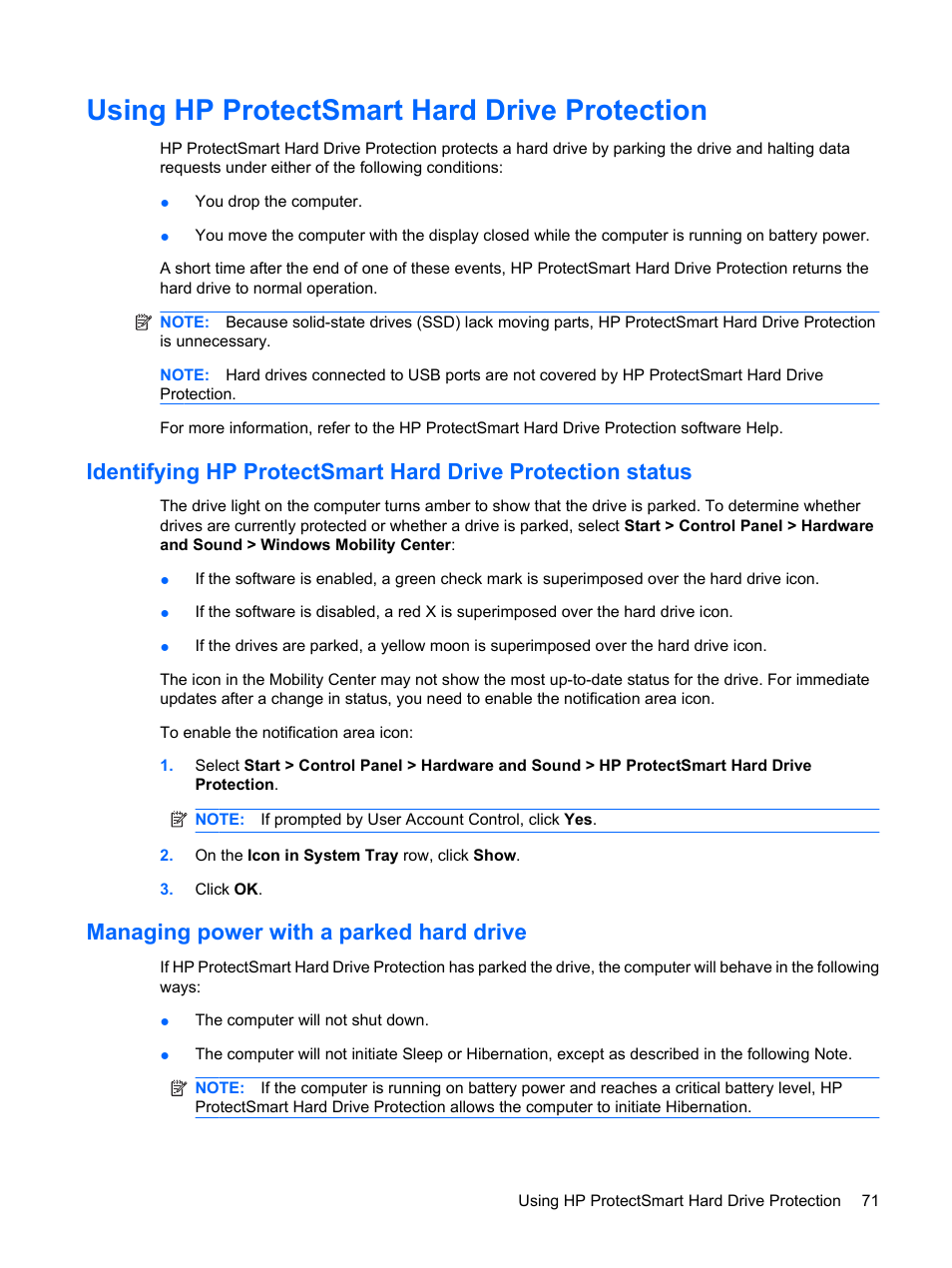 Using hp protectsmart hard drive protection, Managing power with a parked hard drive | HP TouchSmart tm2-1010ee Notebook PC User Manual | Page 81 / 129