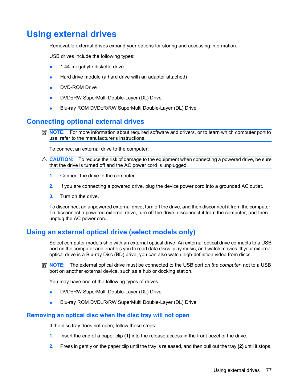 Using external drives, Connecting optional external drives | HP TouchSmart tm2-1010ee Notebook PC User Manual | Page 87 / 129