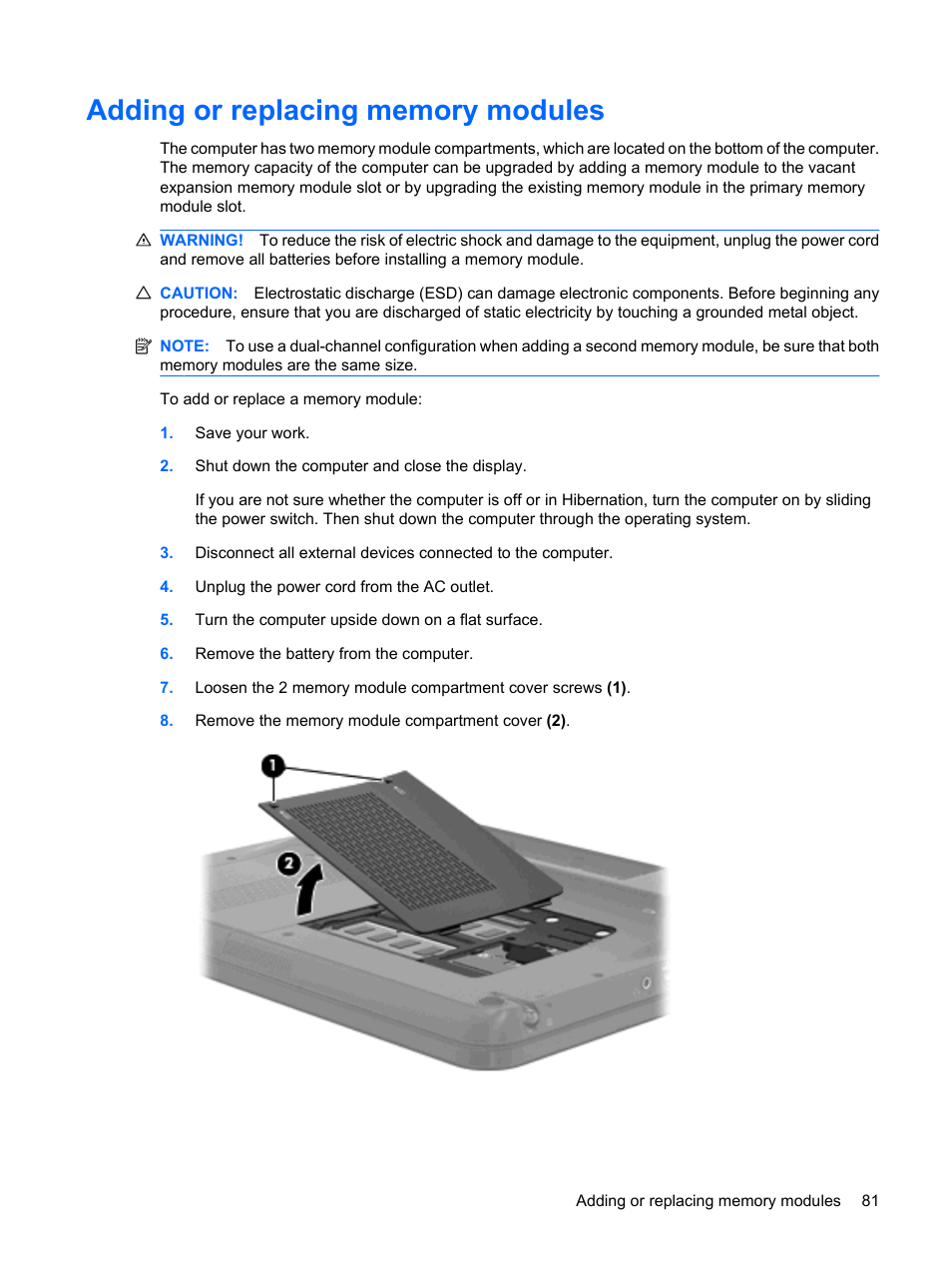 Adding or replacing memory modules | HP TouchSmart tm2-1010ee Notebook PC User Manual | Page 91 / 129