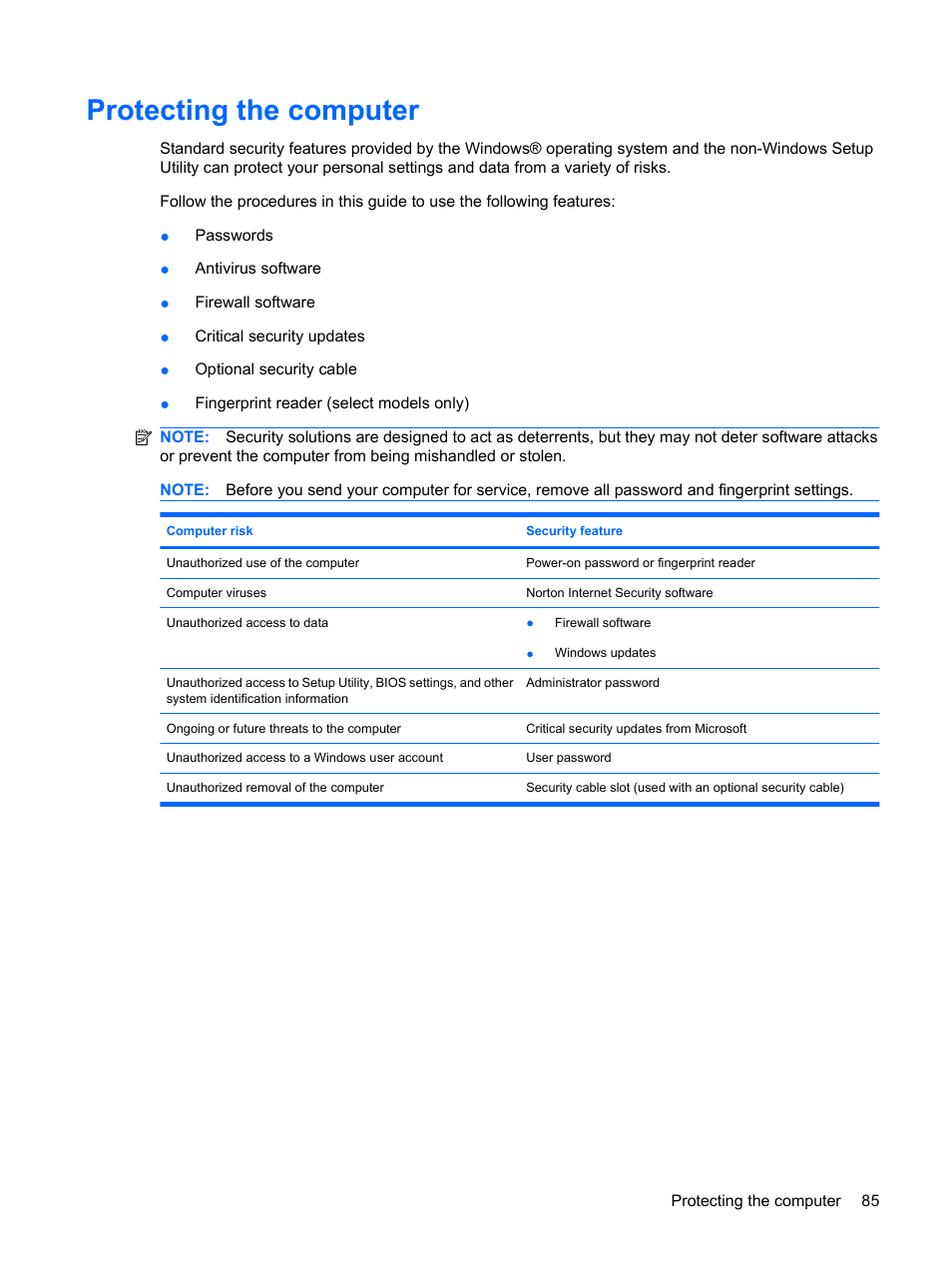 Protecting the computer | HP TouchSmart tm2-1010ee Notebook PC User Manual | Page 95 / 129