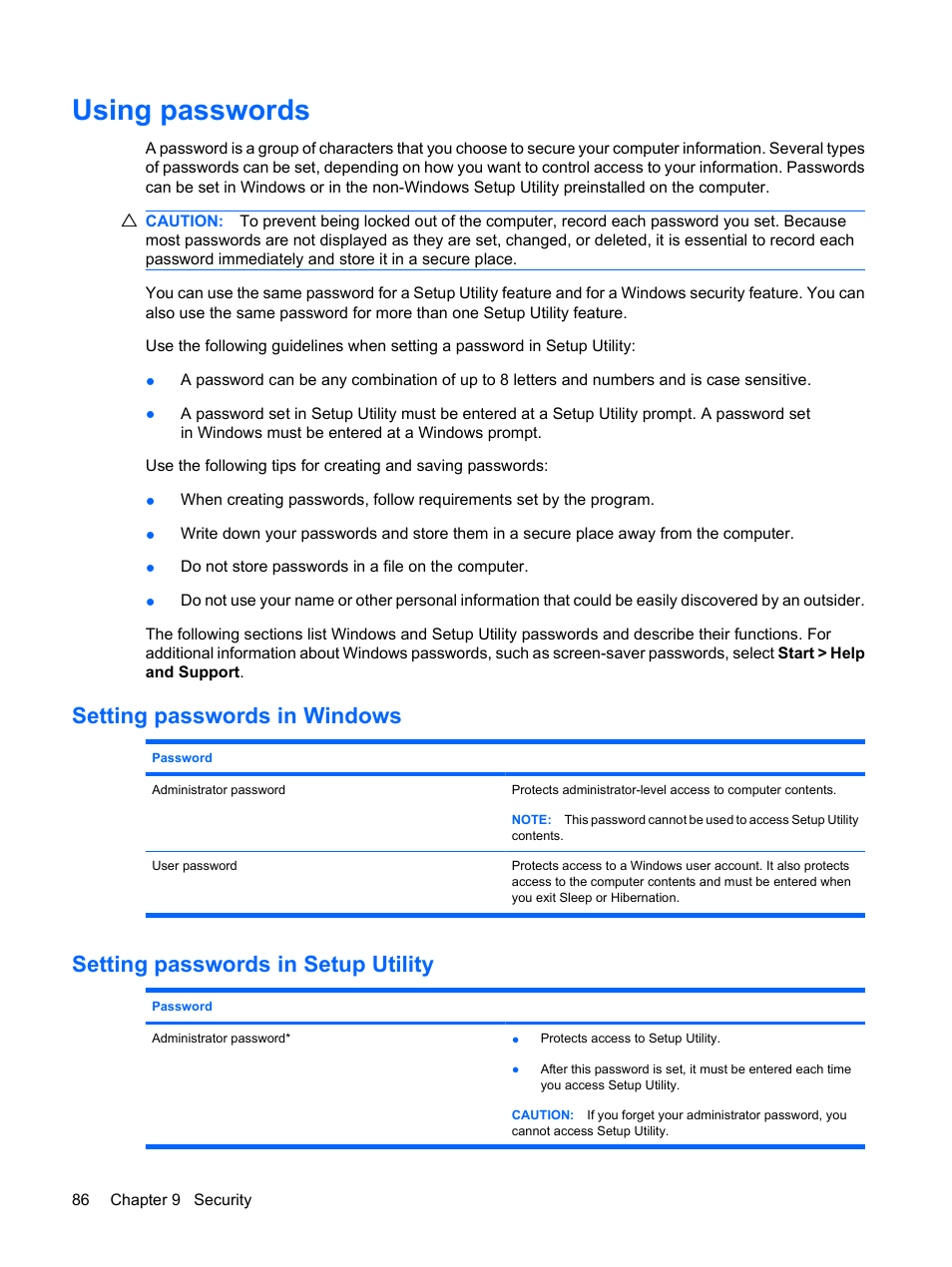 Using passwords, Setting passwords in windows, Setting passwords in setup utility | HP TouchSmart tm2-1010ee Notebook PC User Manual | Page 96 / 129