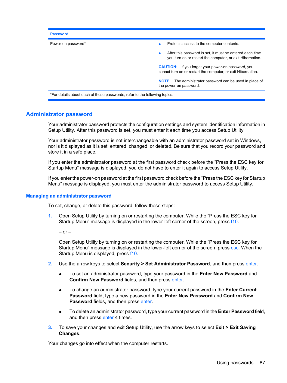 Administrator password, Managing an administrator password | HP TouchSmart tm2-1010ee Notebook PC User Manual | Page 97 / 129