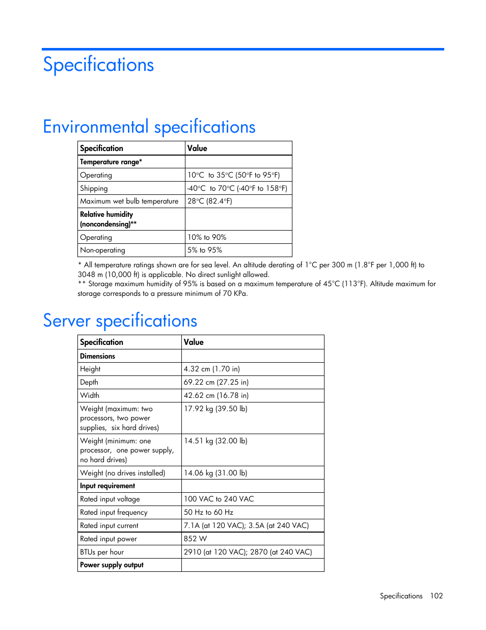 Specifications, Environmental specifications, Server specifications | HP ProLiant DL365 G5 Server User Manual | Page 102 / 118