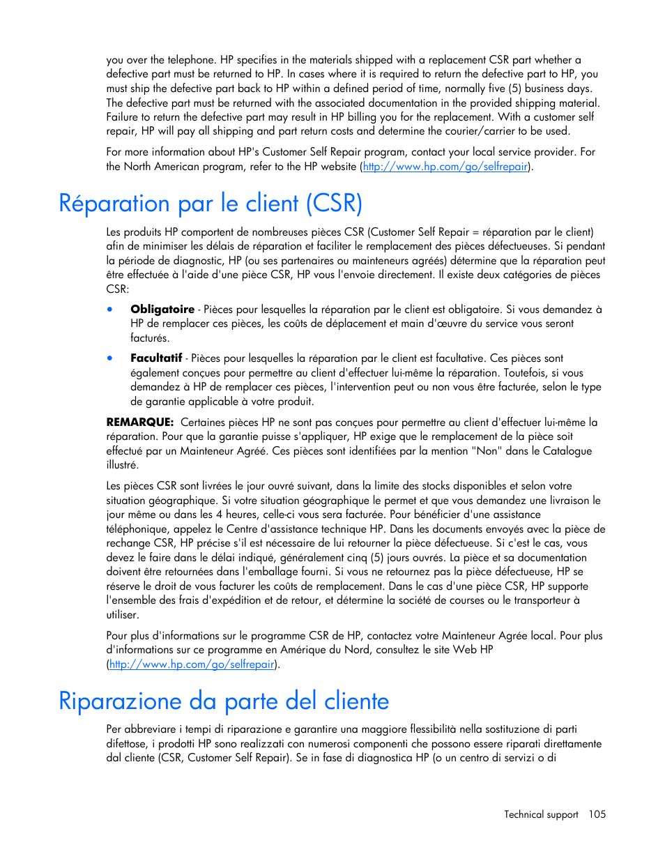 Réparation par le client (csr), Riparazione da parte del cliente | HP ProLiant DL365 G5 Server User Manual | Page 105 / 118