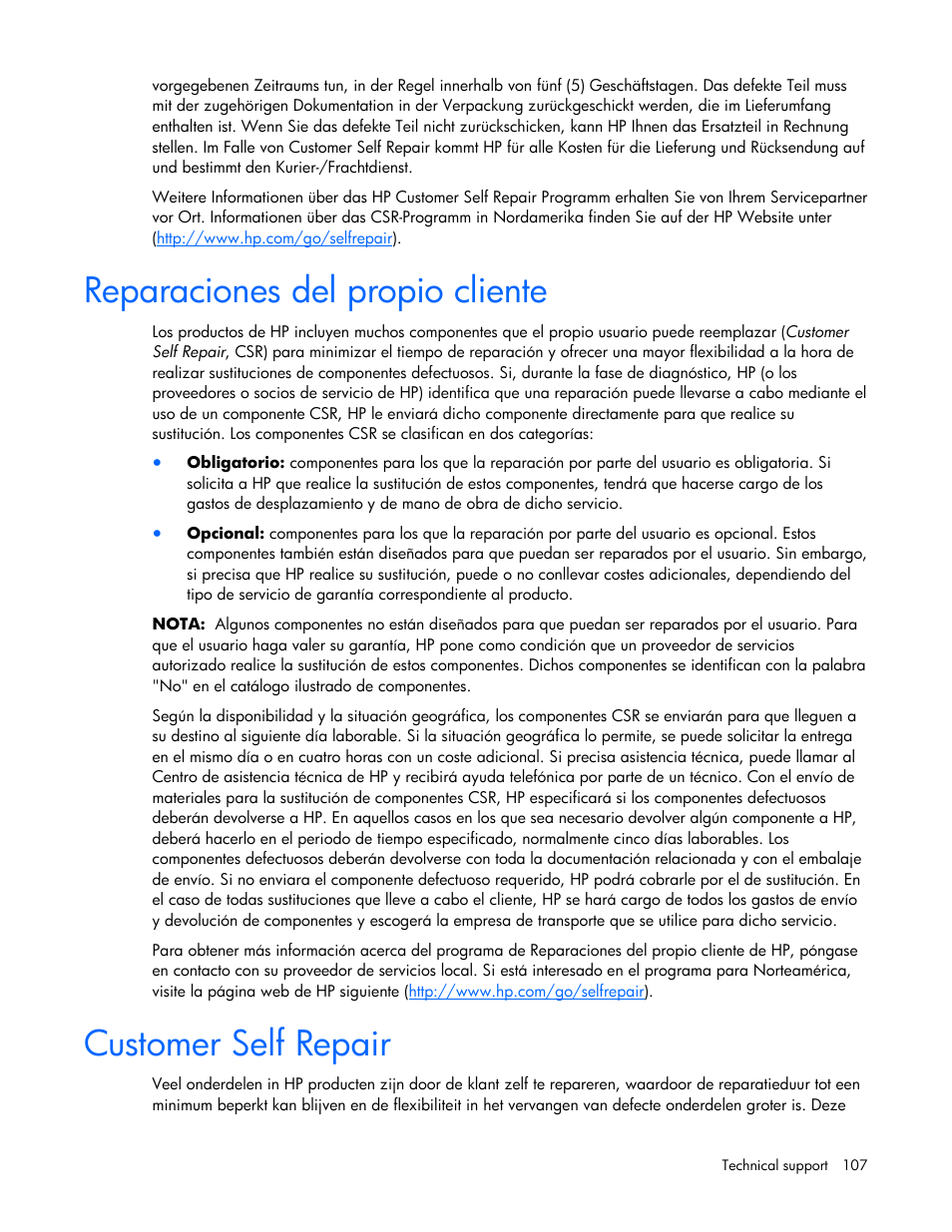 Reparaciones del propio cliente, Customer self repair | HP ProLiant DL365 G5 Server User Manual | Page 107 / 118