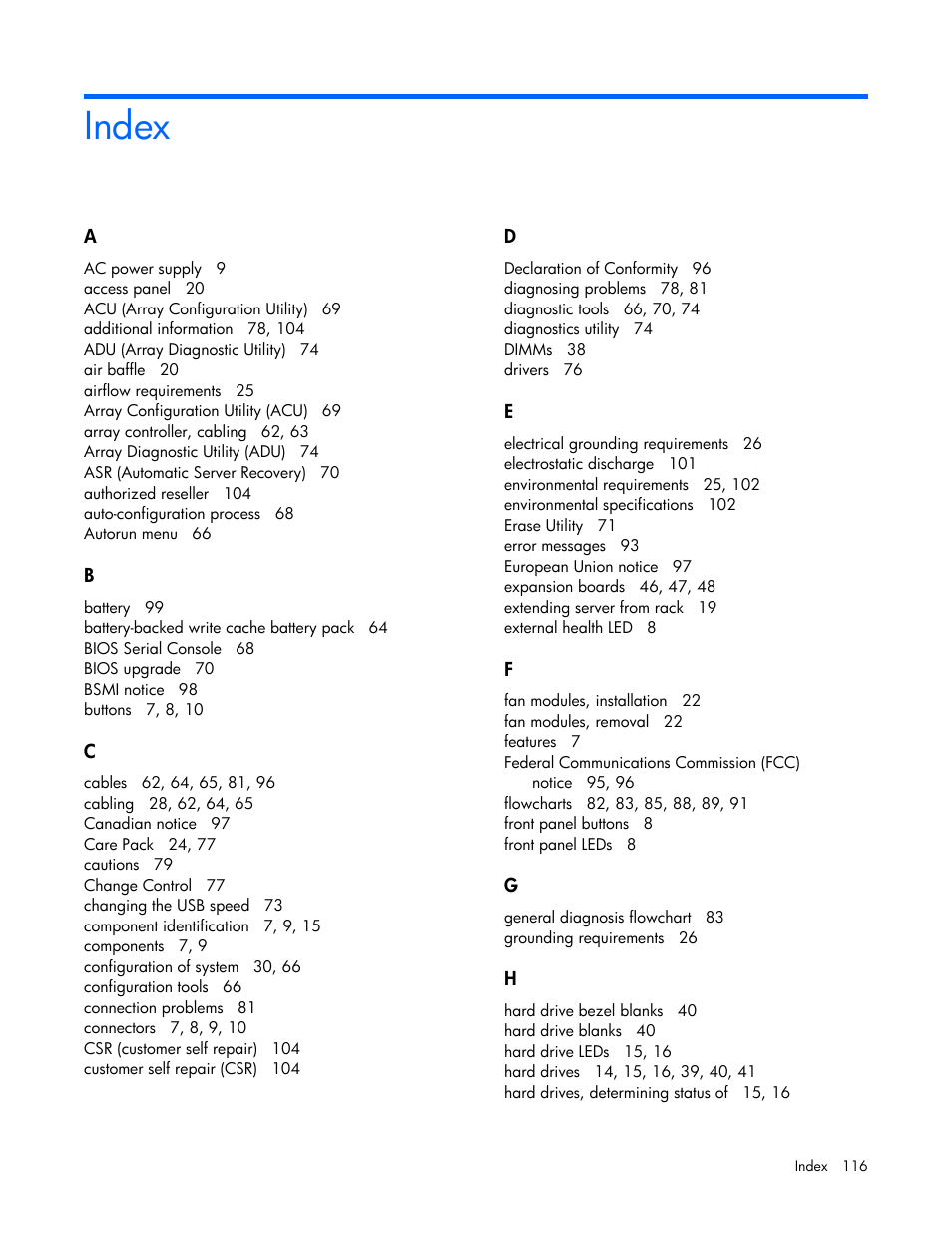 Index | HP ProLiant DL365 G5 Server User Manual | Page 116 / 118