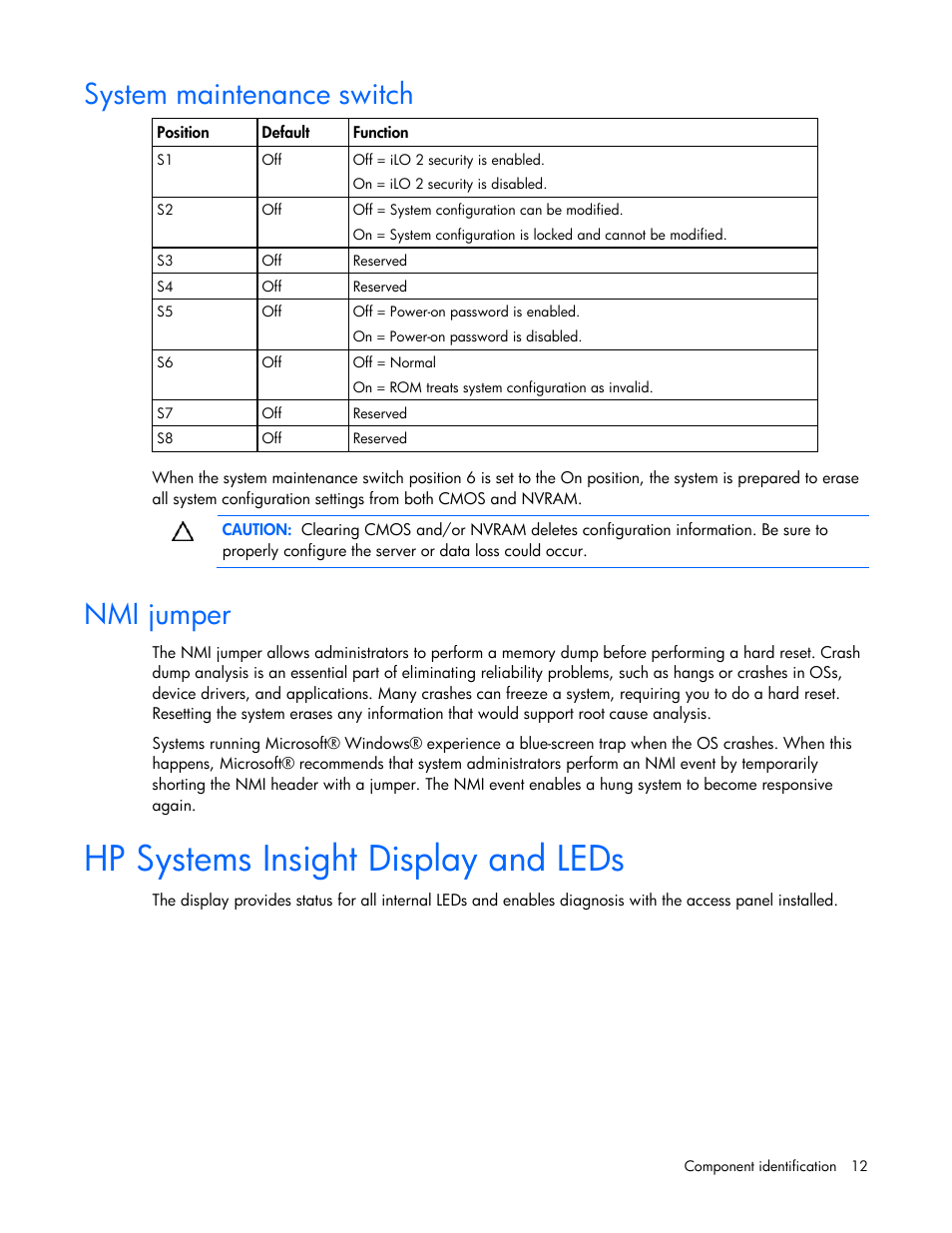 System maintenance switch, Nmi jumper, Hp systems insight display and leds | HP ProLiant DL365 G5 Server User Manual | Page 12 / 118