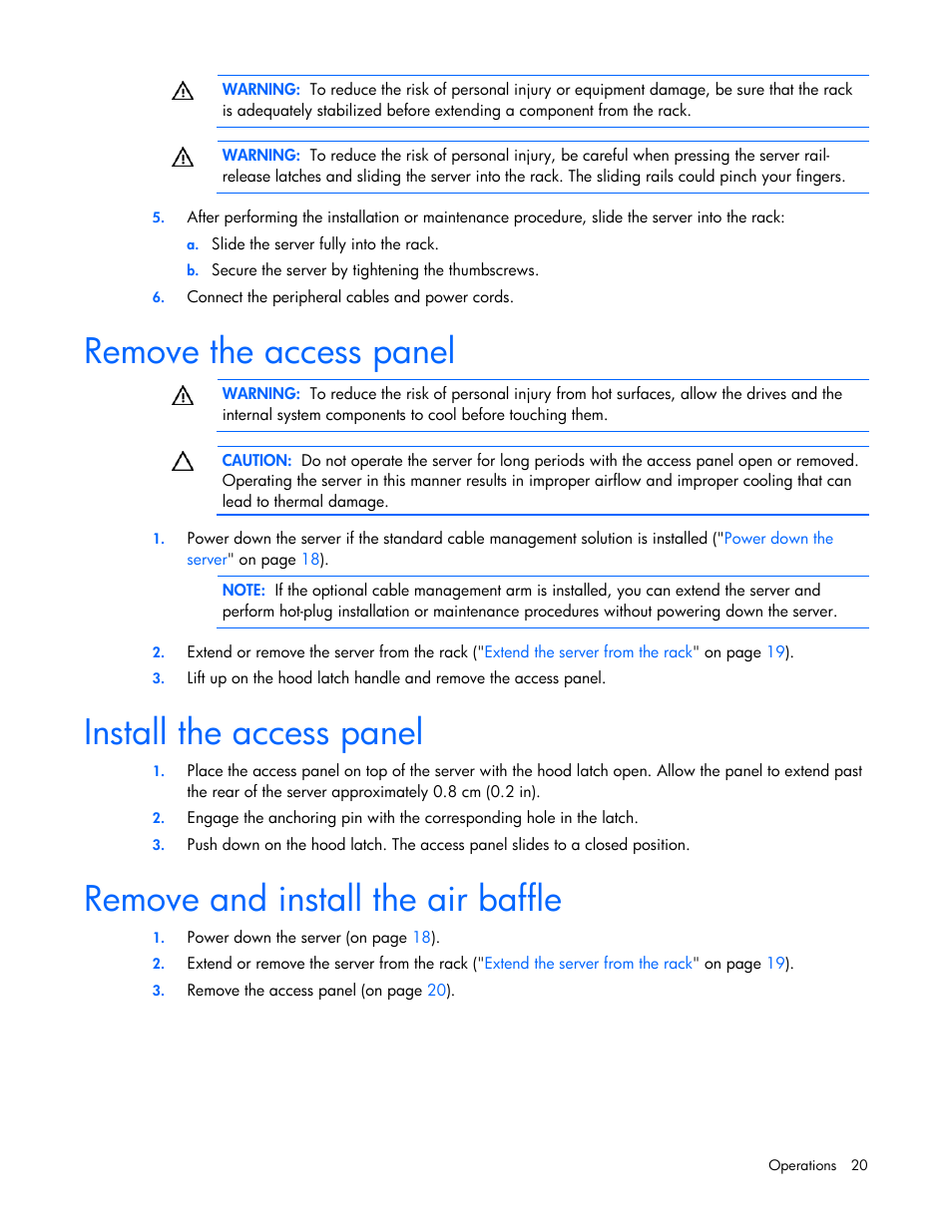 Remove the access panel, Install the access panel, Remove and install the air baffle | HP ProLiant DL365 G5 Server User Manual | Page 20 / 118