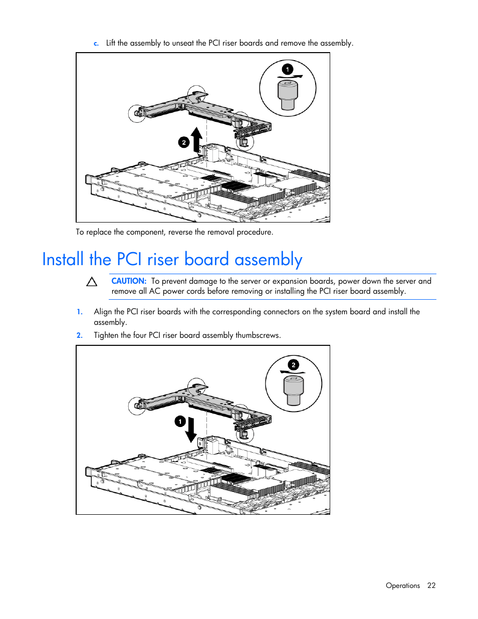 Install the pci riser board assembly | HP ProLiant DL365 G5 Server User Manual | Page 22 / 118