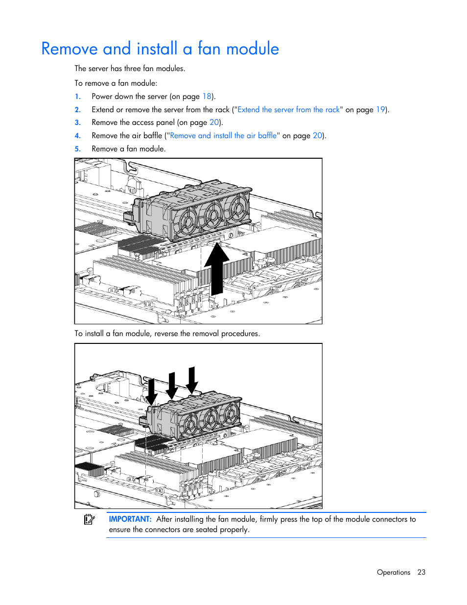 Remove and install a fan module | HP ProLiant DL365 G5 Server User Manual | Page 23 / 118