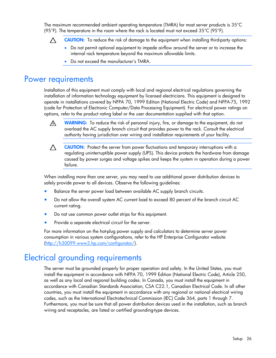 Power requirements, Electrical grounding requirements | HP ProLiant DL365 G5 Server User Manual | Page 26 / 118