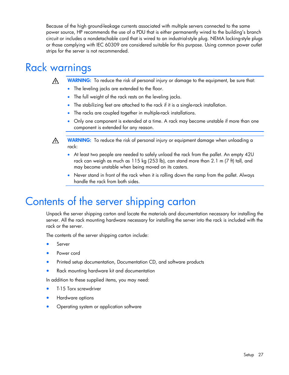 Rack warnings, Contents of the server shipping carton | HP ProLiant DL365 G5 Server User Manual | Page 27 / 118