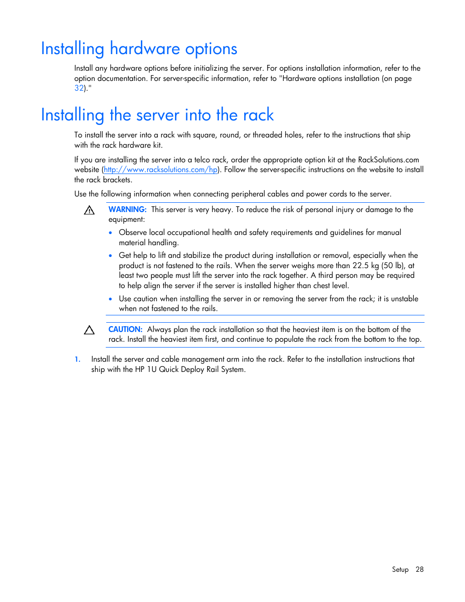 Installing hardware options, Installing the server into the rack | HP ProLiant DL365 G5 Server User Manual | Page 28 / 118