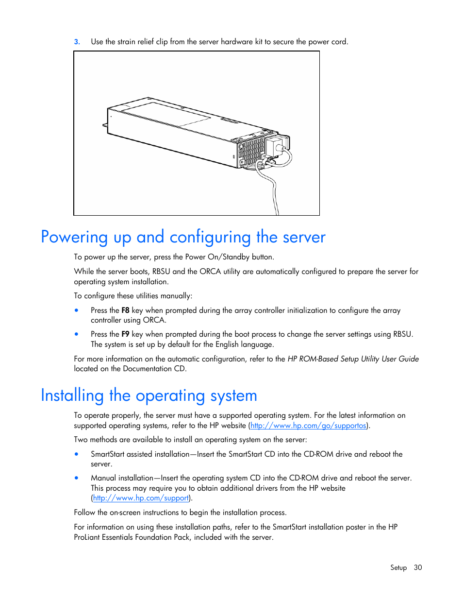 Powering up and configuring the server, Installing the operating system | HP ProLiant DL365 G5 Server User Manual | Page 30 / 118