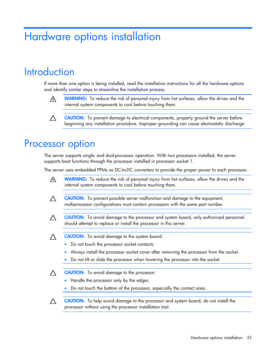 Hardware options installation, Introduction, Processor option | HP ProLiant DL365 G5 Server User Manual | Page 32 / 118