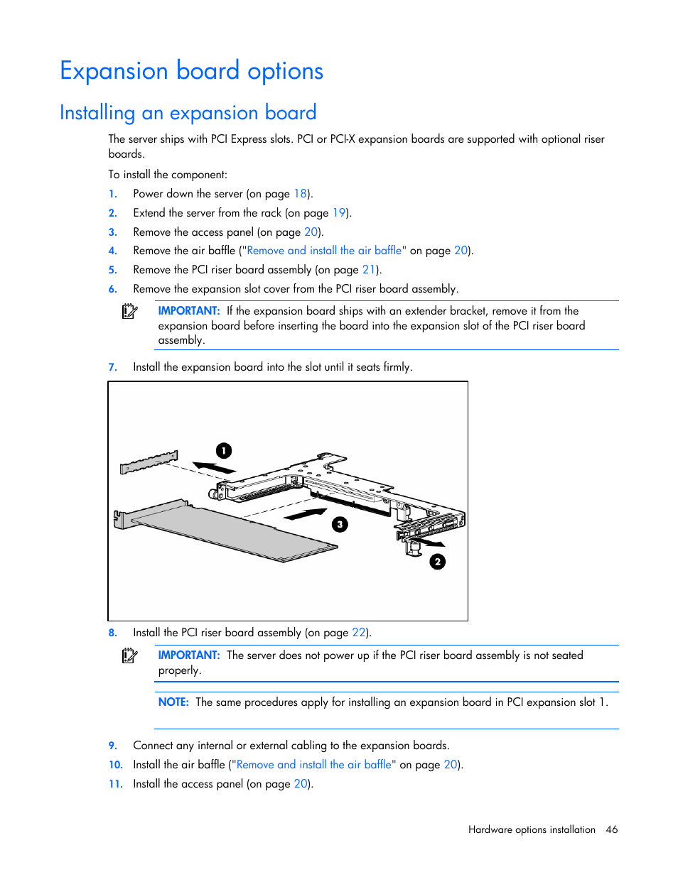 Expansion board options, Installing an expansion board | HP ProLiant DL365 G5 Server User Manual | Page 46 / 118