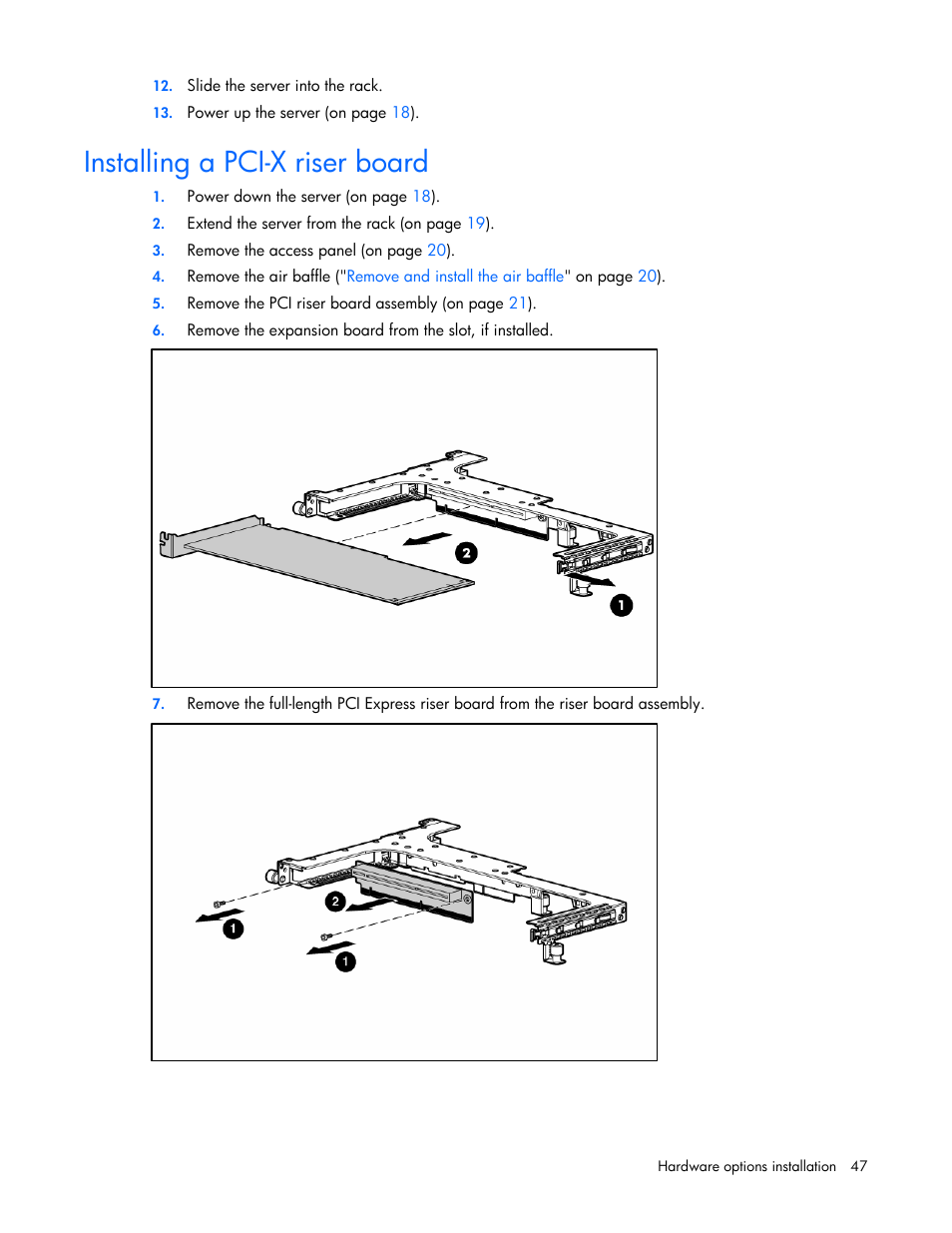Installing a pci-x riser board | HP ProLiant DL365 G5 Server User Manual | Page 47 / 118