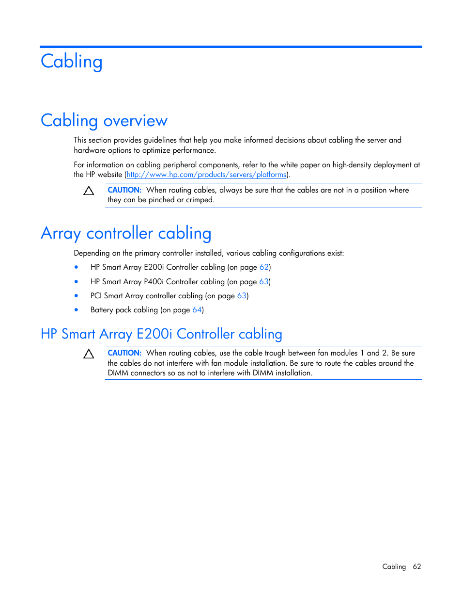 Cabling, Cabling overview, Array controller cabling | Hp smart array e200i controller cabling | HP ProLiant DL365 G5 Server User Manual | Page 62 / 118