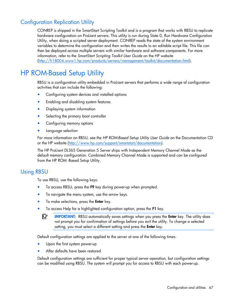 Hp rom-based setup utility, Configuration replication utility, Using rbsu | HP ProLiant DL365 G5 Server User Manual | Page 67 / 118