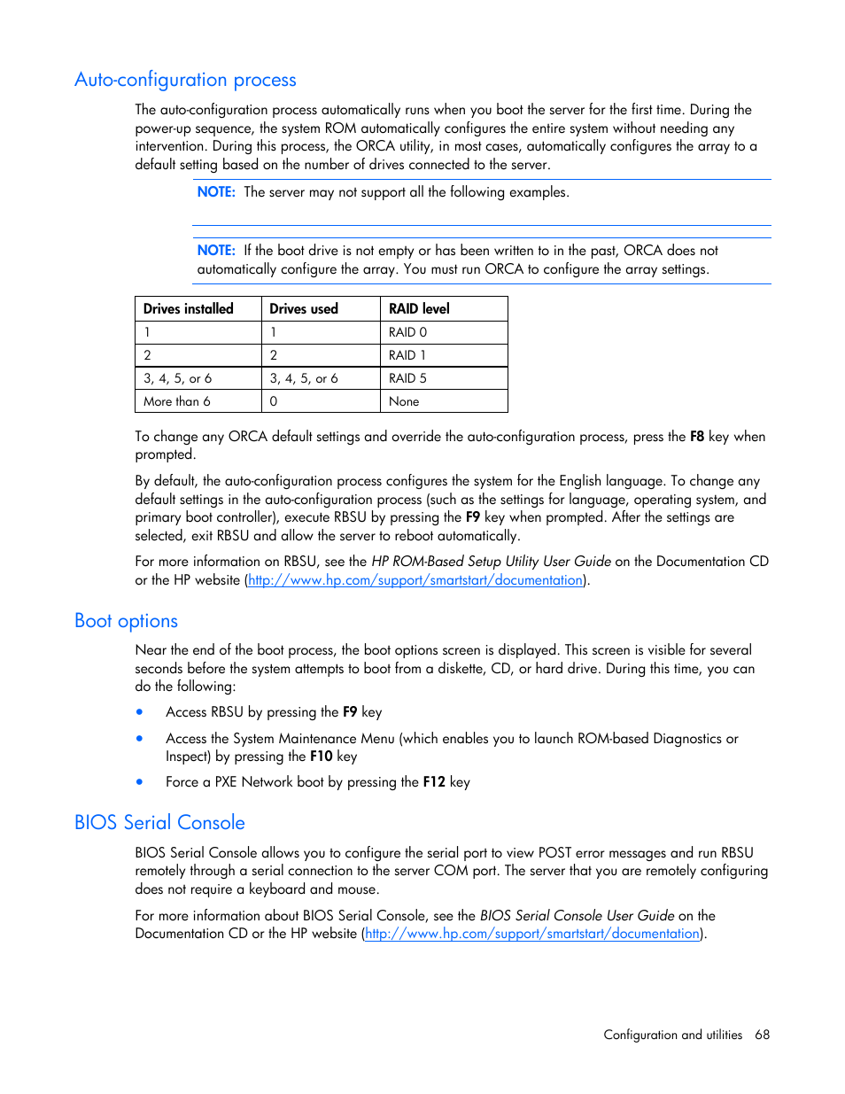 Auto-configuration process, Boot options, Bios serial console | HP ProLiant DL365 G5 Server User Manual | Page 68 / 118
