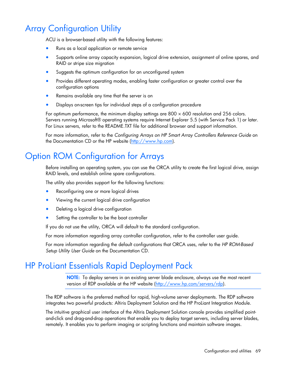 Array configuration utility, Option rom configuration for arrays, Hp proliant essentials rapid deployment pack | HP ProLiant DL365 G5 Server User Manual | Page 69 / 118