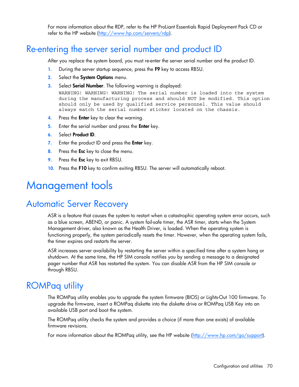 Management tools, Automatic server recovery, Rompaq utility | HP ProLiant DL365 G5 Server User Manual | Page 70 / 118