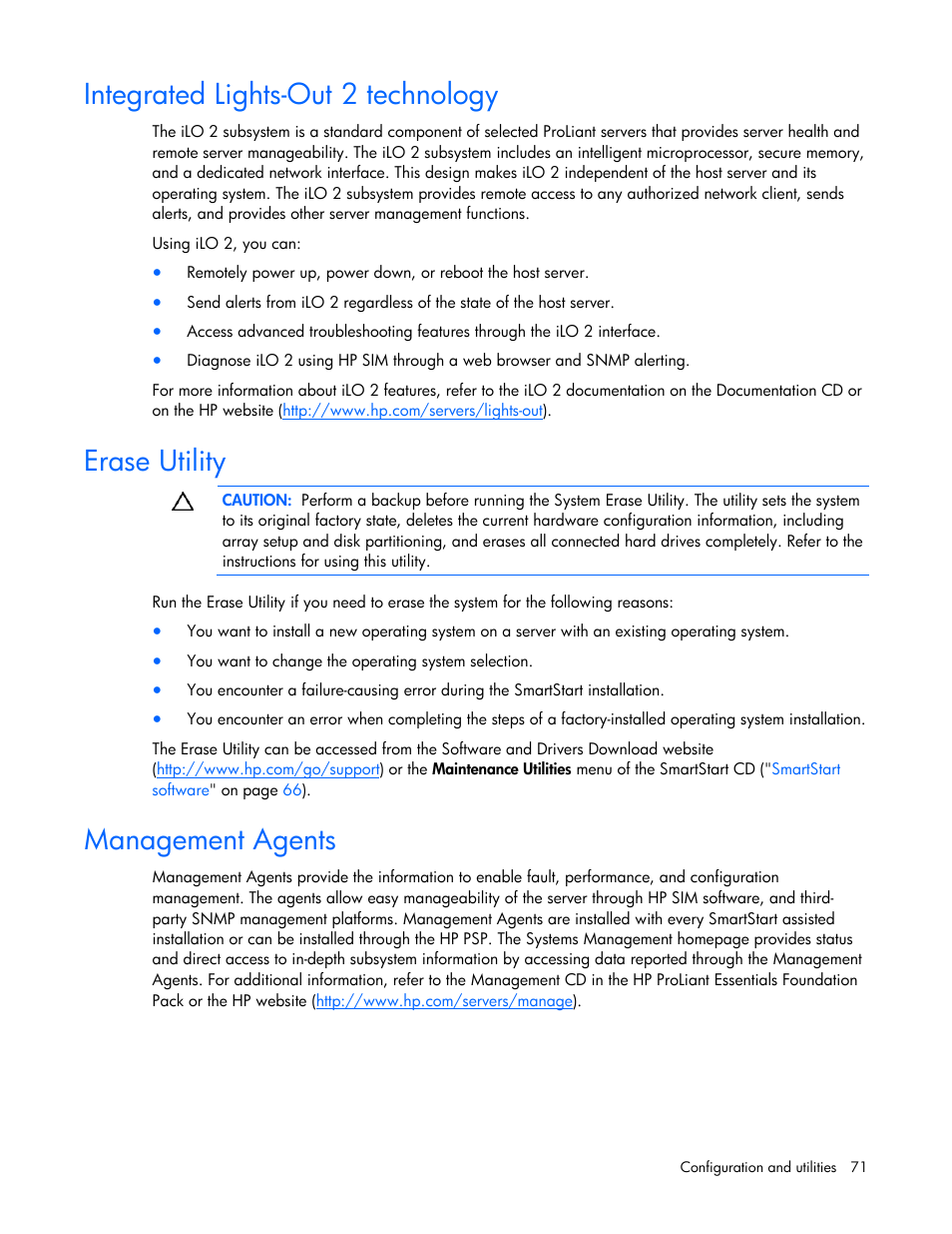 Integrated lights-out 2 technology, Erase utility, Management agents | HP ProLiant DL365 G5 Server User Manual | Page 71 / 118
