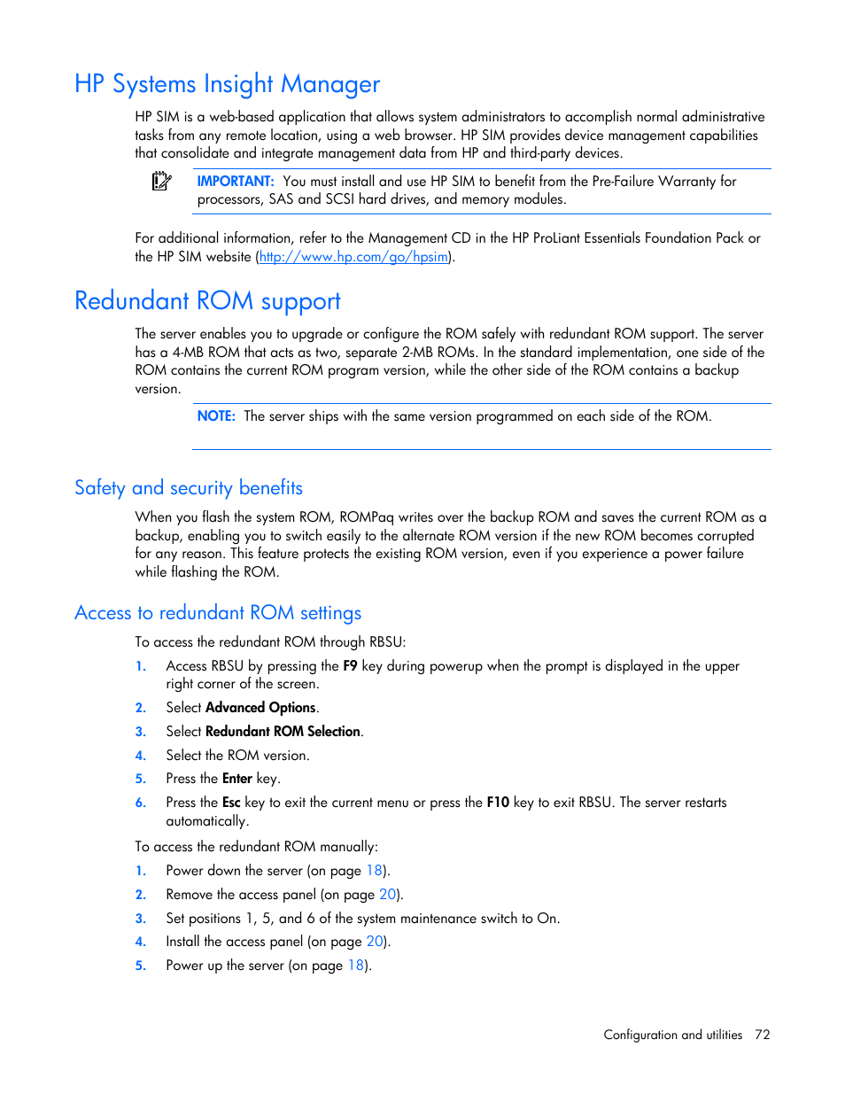 Hp systems insight manager, Redundant rom support, Safety and security benefits | Access to redundant rom settings | HP ProLiant DL365 G5 Server User Manual | Page 72 / 118