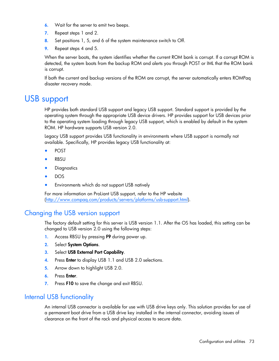 Usb support, Changing the usb version support, Internal usb functionality | HP ProLiant DL365 G5 Server User Manual | Page 73 / 118
