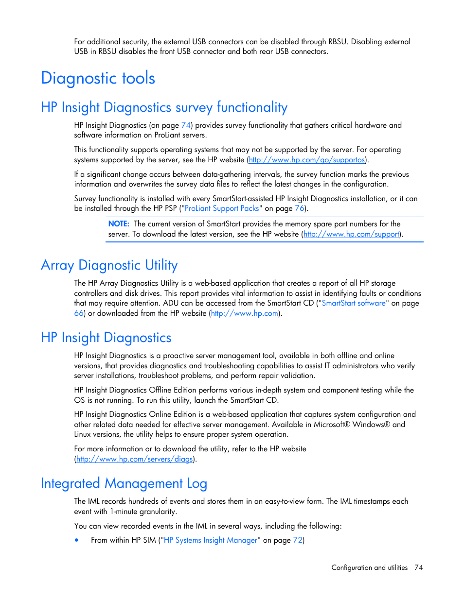 Diagnostic tools, Hp insight diagnostics survey functionality, Array diagnostic utility | Hp insight diagnostics, Integrated management log, S utility | HP ProLiant DL365 G5 Server User Manual | Page 74 / 118