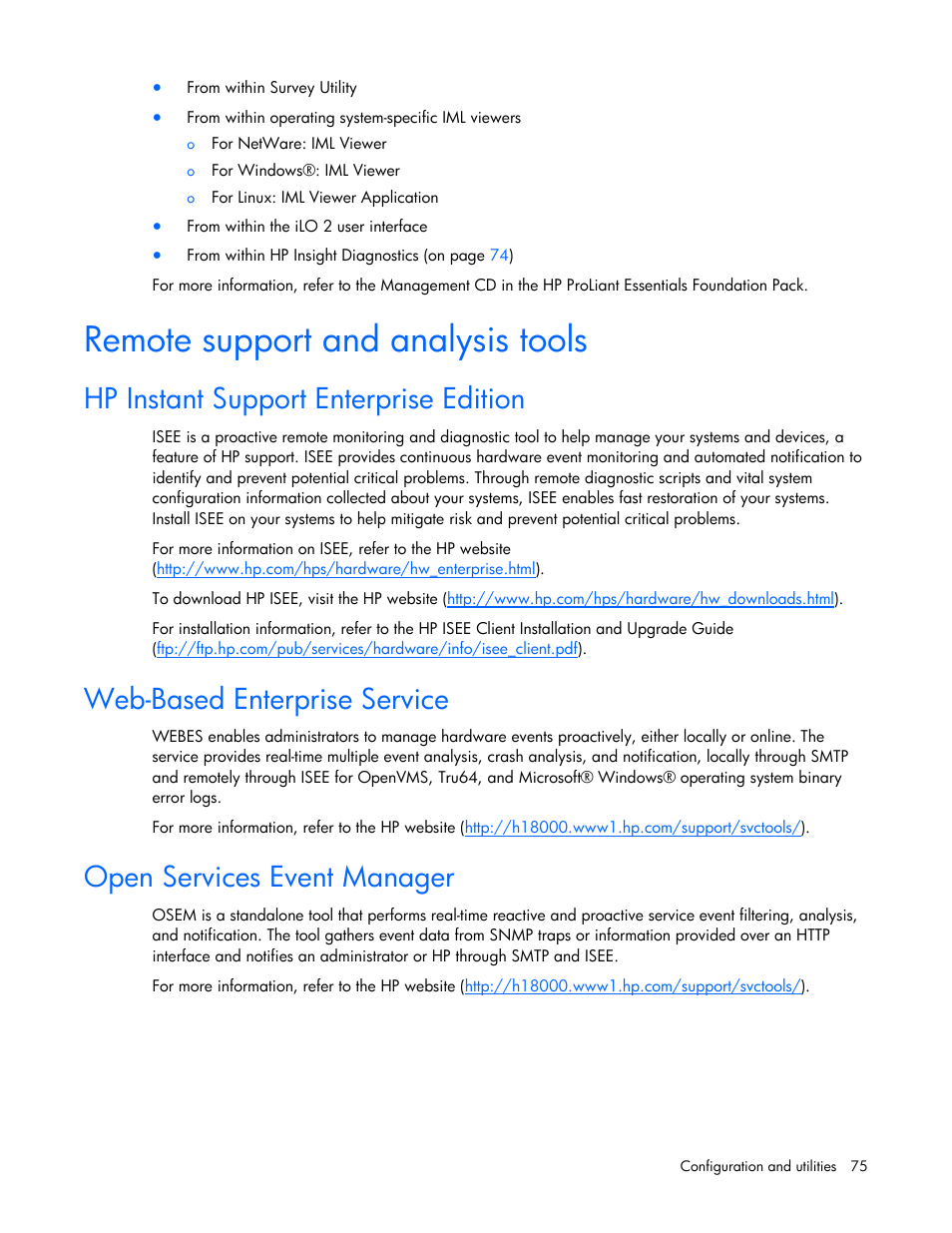 Remote support and analysis tools, Hp instant support enterprise edition, Web-based enterprise service | Open services event manager | HP ProLiant DL365 G5 Server User Manual | Page 75 / 118