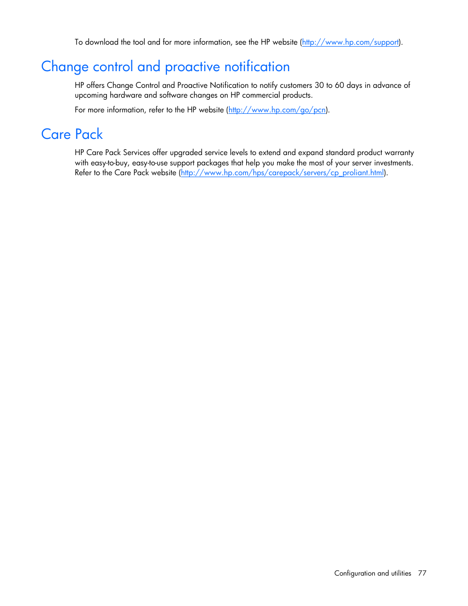 Change control and proactive notification, Care pack | HP ProLiant DL365 G5 Server User Manual | Page 77 / 118