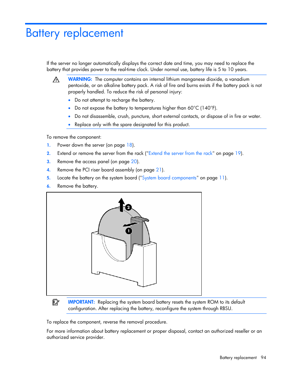 Battery replacement | HP ProLiant DL365 G5 Server User Manual | Page 94 / 118