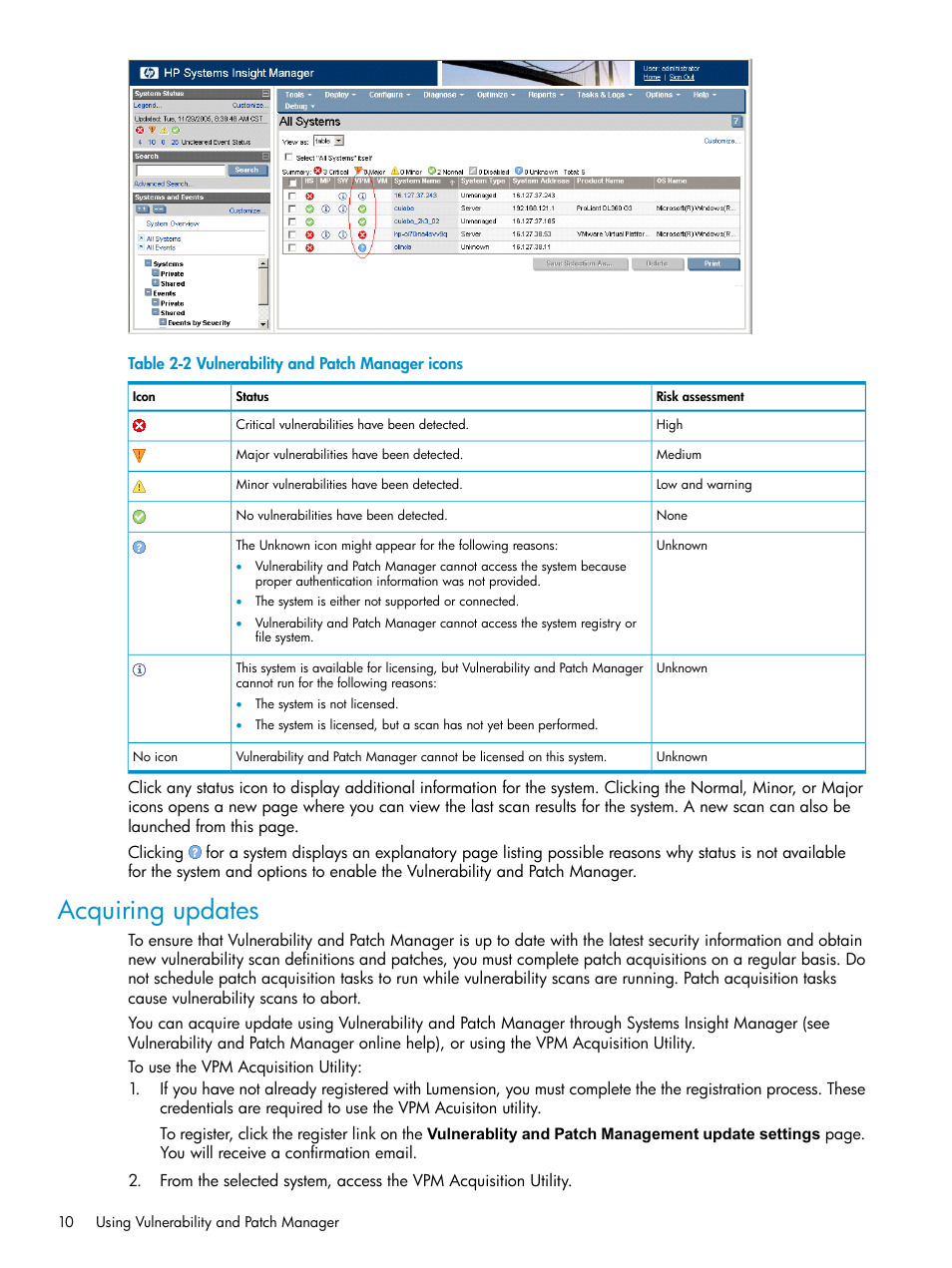 Acquiring updates, Vulnerability and patch manager icons | HP Insight Vulnerability and Patch Manager Software User Manual | Page 10 / 27