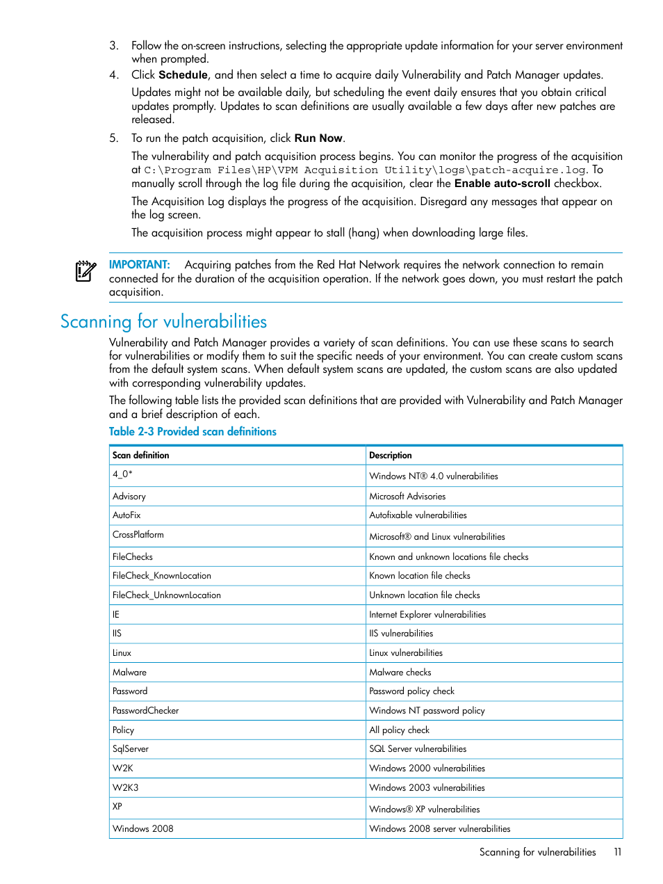 Scanning for vulnerabilities, Provided scan definitions | HP Insight Vulnerability and Patch Manager Software User Manual | Page 11 / 27