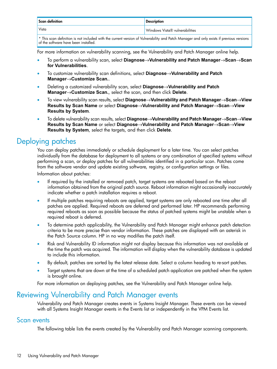 Deploying patches, Reviewing vulnerability and patch manager events, Scan events | HP Insight Vulnerability and Patch Manager Software User Manual | Page 12 / 27