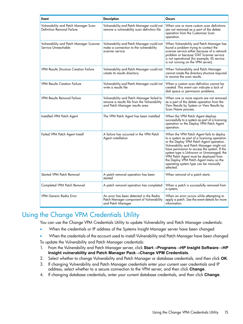 Using the change vpm credentials utility | HP Insight Vulnerability and Patch Manager Software User Manual | Page 15 / 27